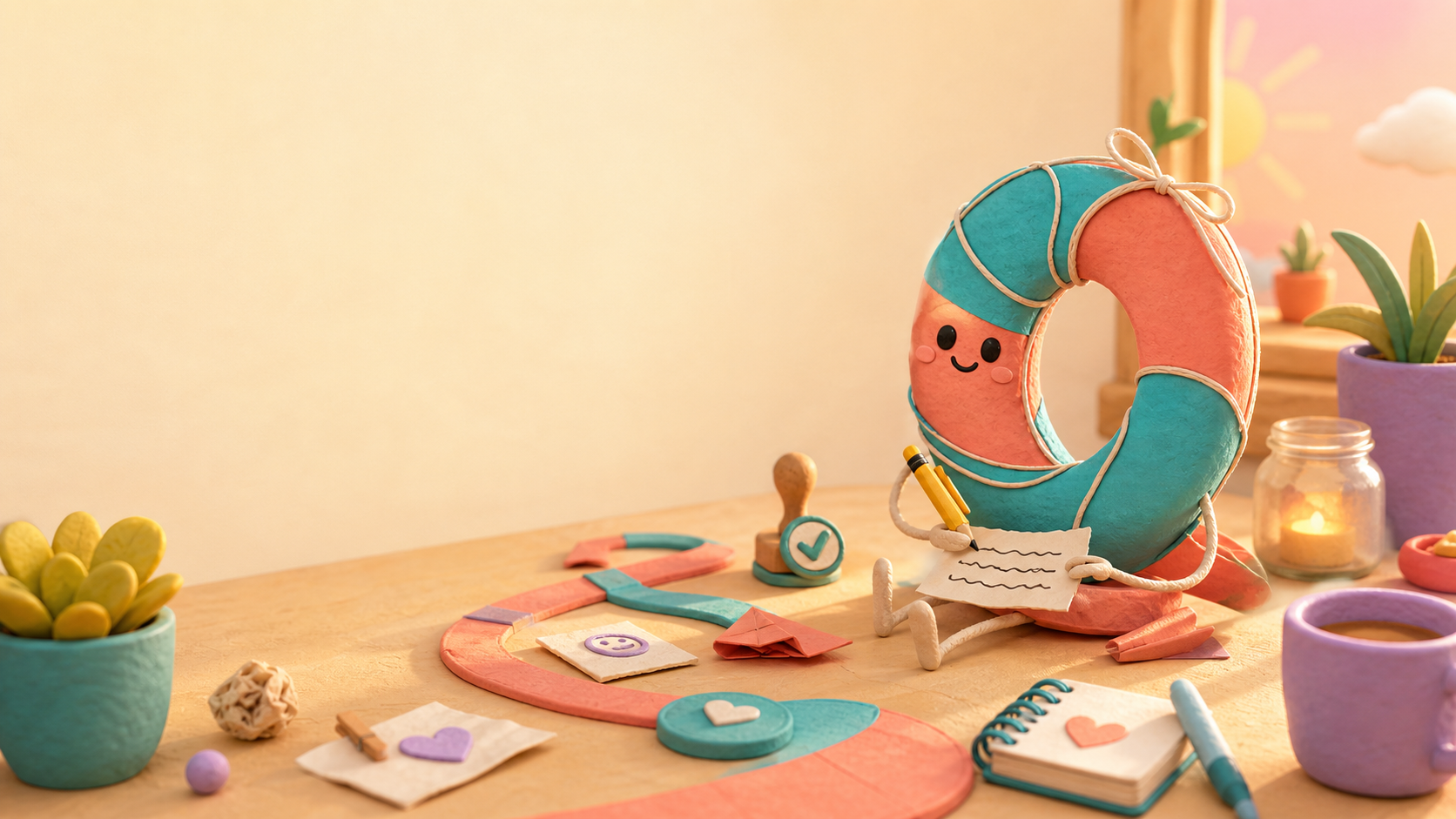 A playful loop-shaped paper mascot on a bright desk.